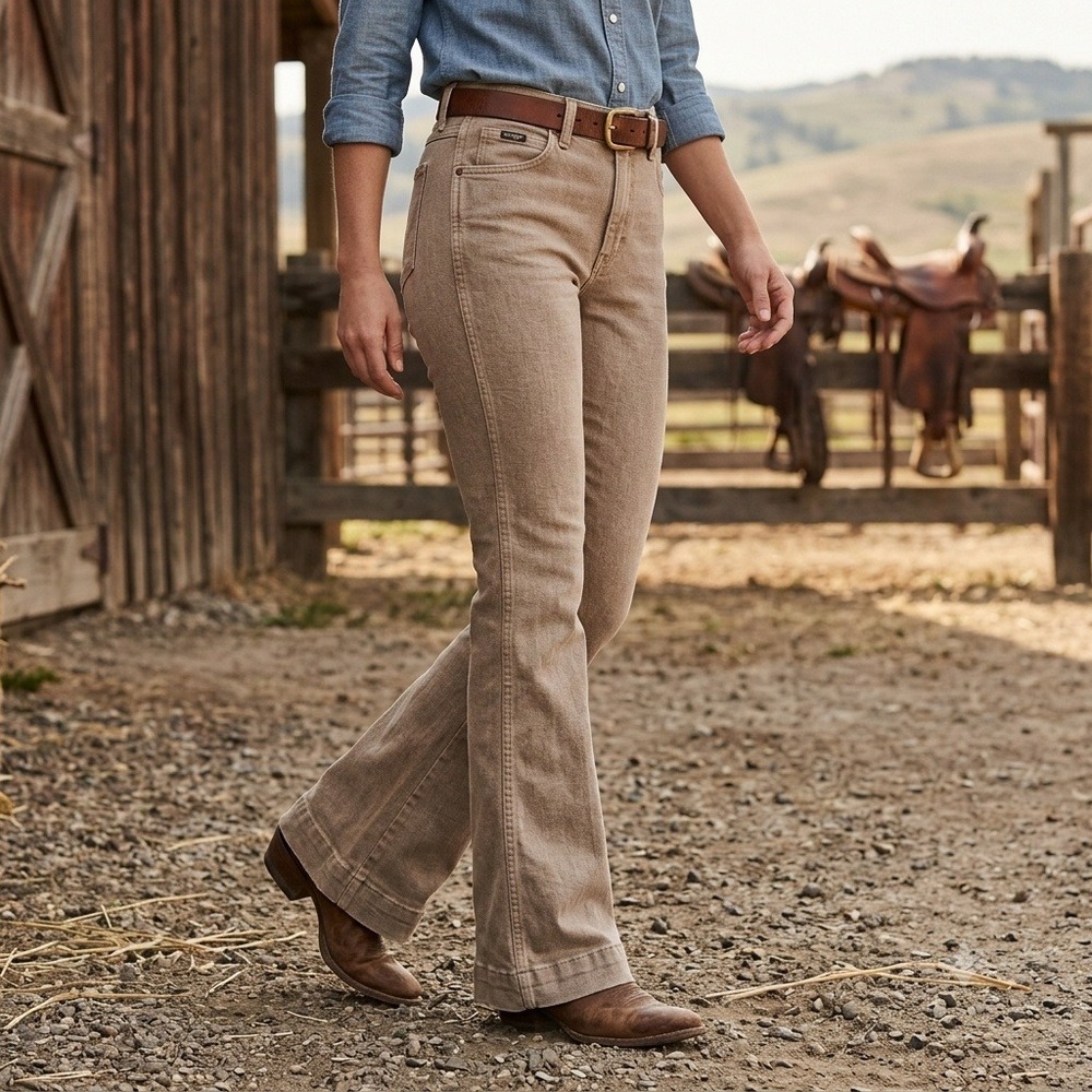 Wrangler Retro High Rise Trouser Women 27x32 Khaki Tan Flare Jeans 112367575